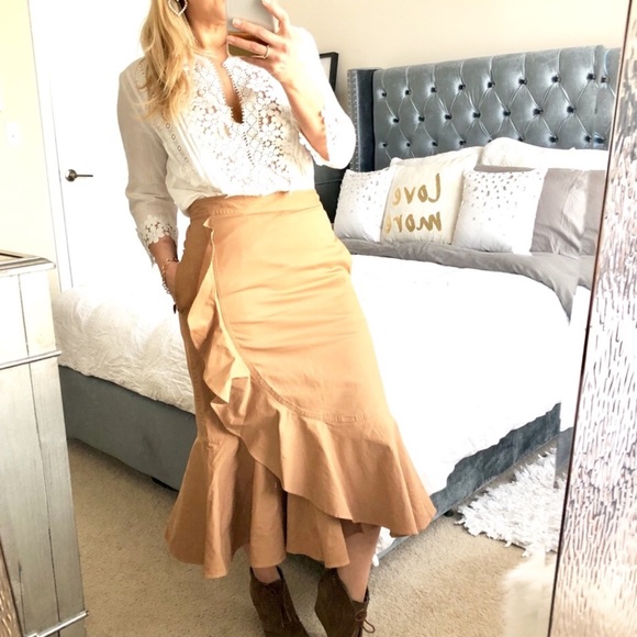 Ann Taylor Tan Double Ruffle Midi Skirt Sz 8 - Picture 2 of 8